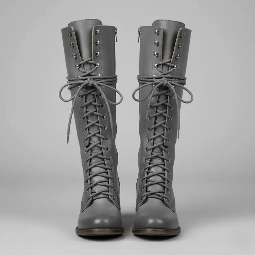 Lace Up Knee Tall Boots Block Heel Modern Tall Combat Boots