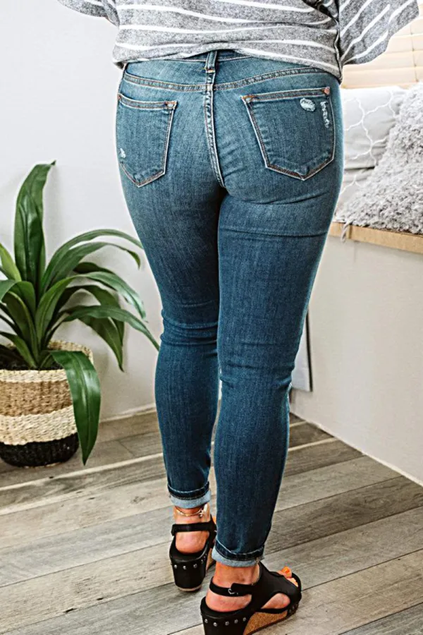 Plaid Panel Patched Mid Rise Skinny Jeans