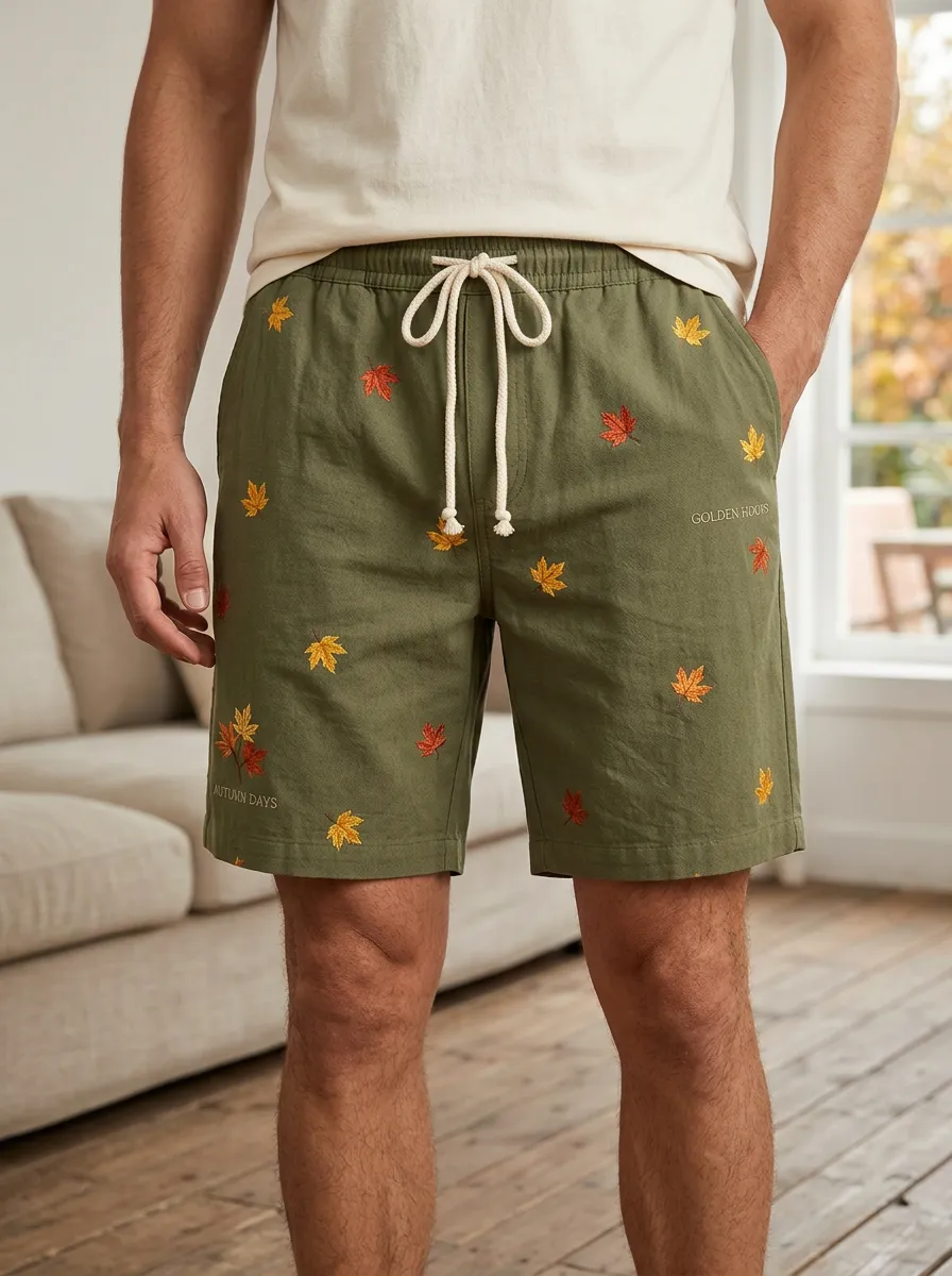 Olive Leaf-embroidered Drawstring Shorts