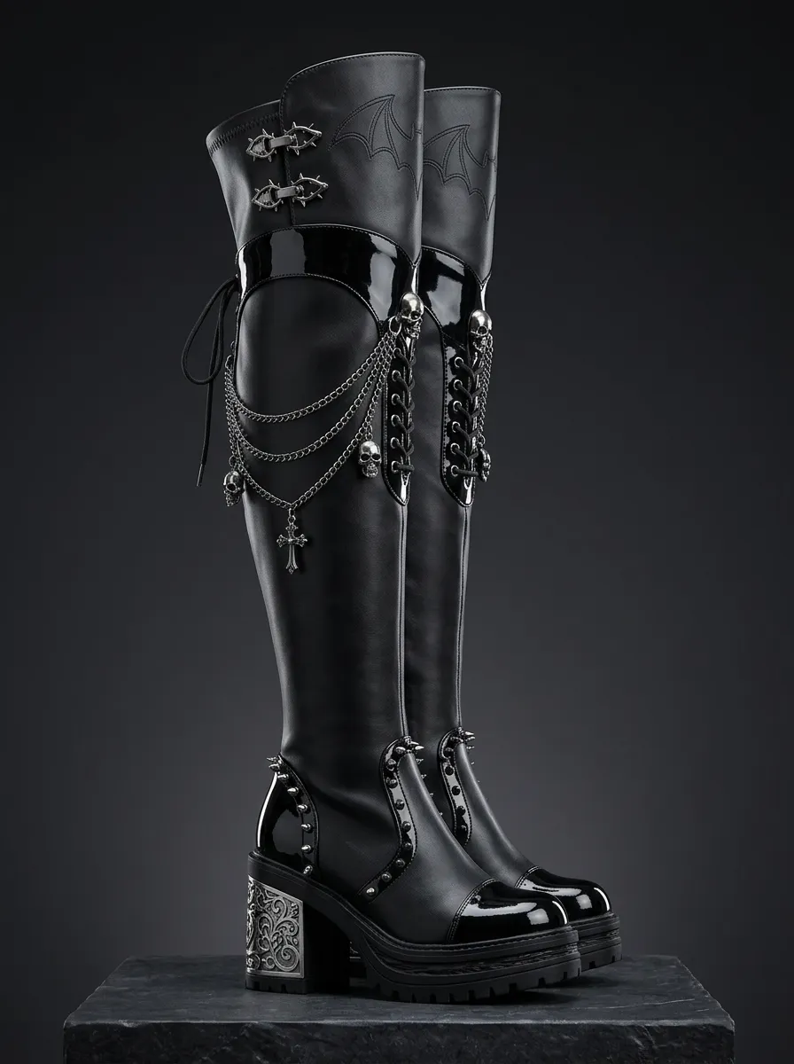 Darkwear Skull Cross Chain Design Women's Gothic Platform Boots