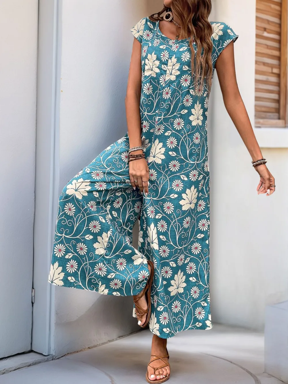Round Neck Cap Sleeve Wide Leg Jumpsuit