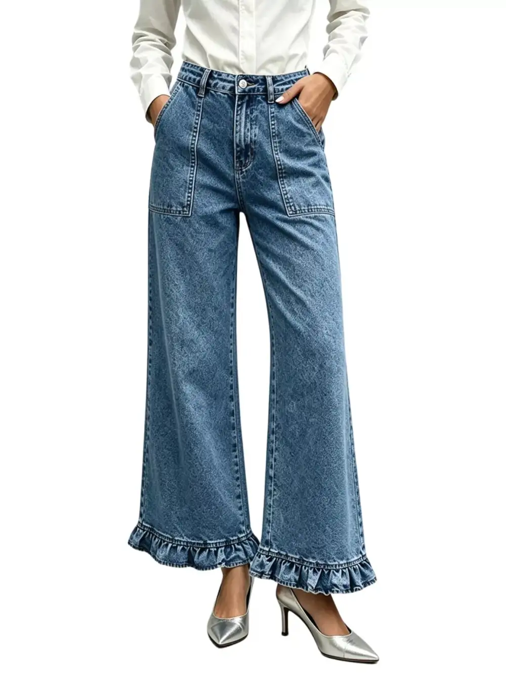 Women' High-Waisted Wide-Leg Ruffle Hem Jeans