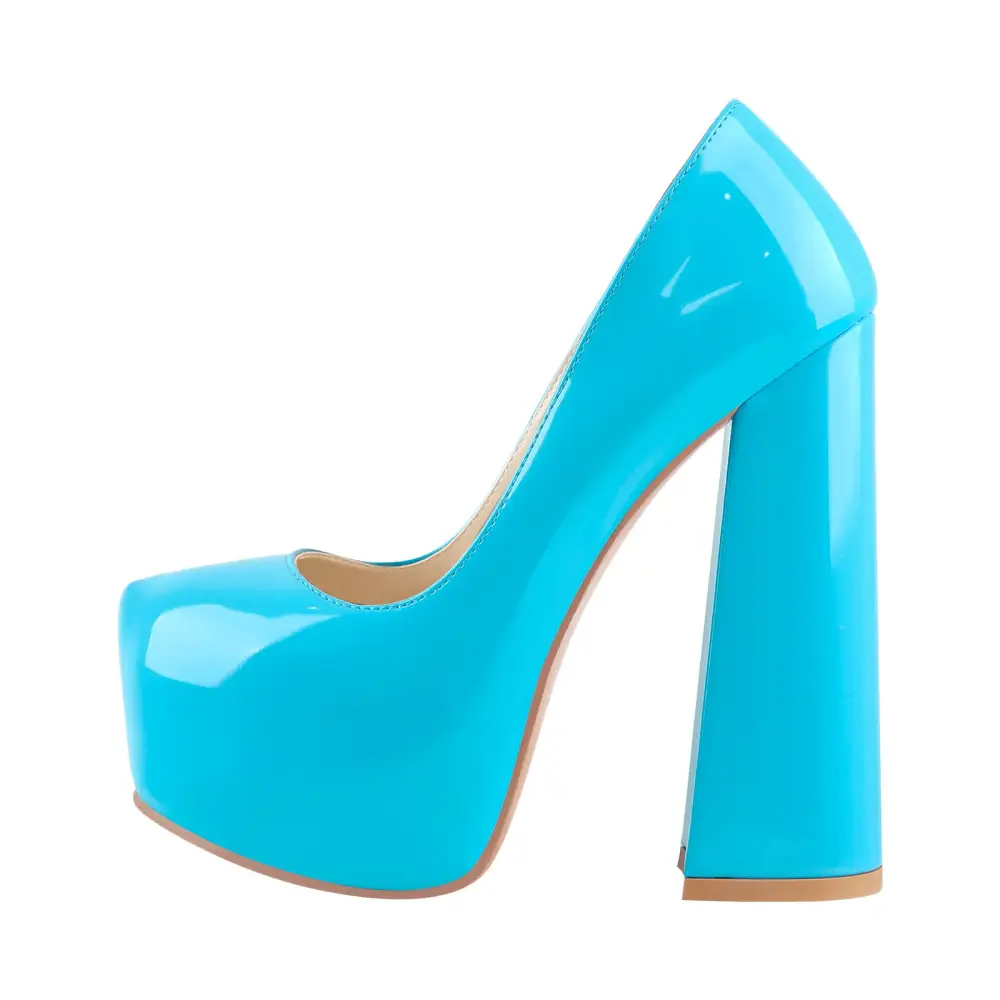Patent Finish Round Toe Platform Chunky Heel Slip On Pumps