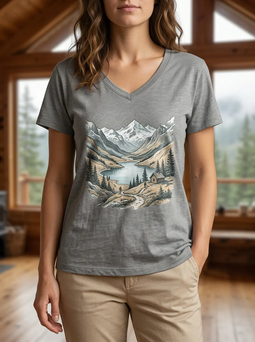 Women's Nature Hiking Lover Mountain Lake Cabin Printed V-Neck T-Shirt