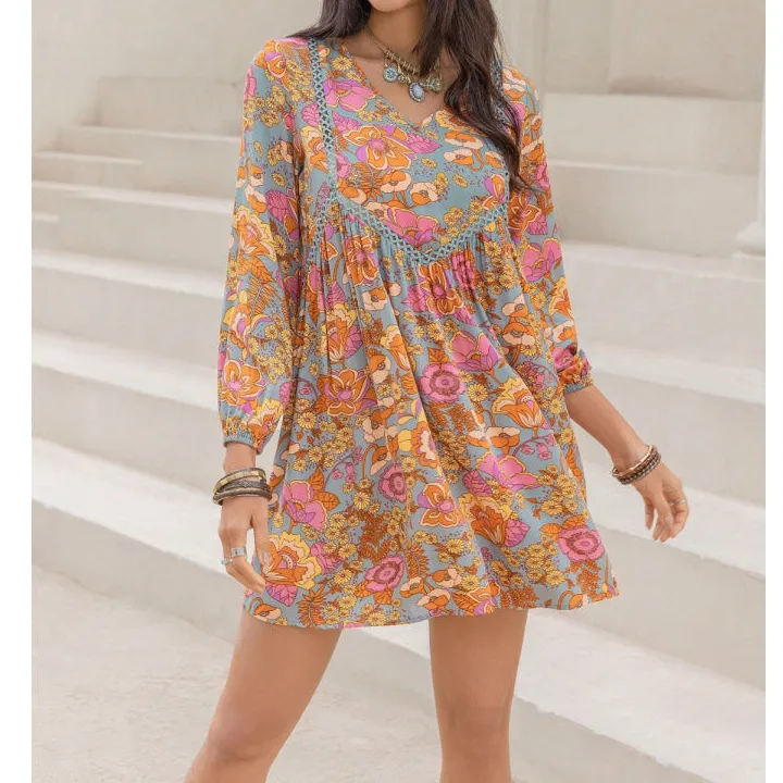 V-Neck Balloon Sleeve Mini Dress