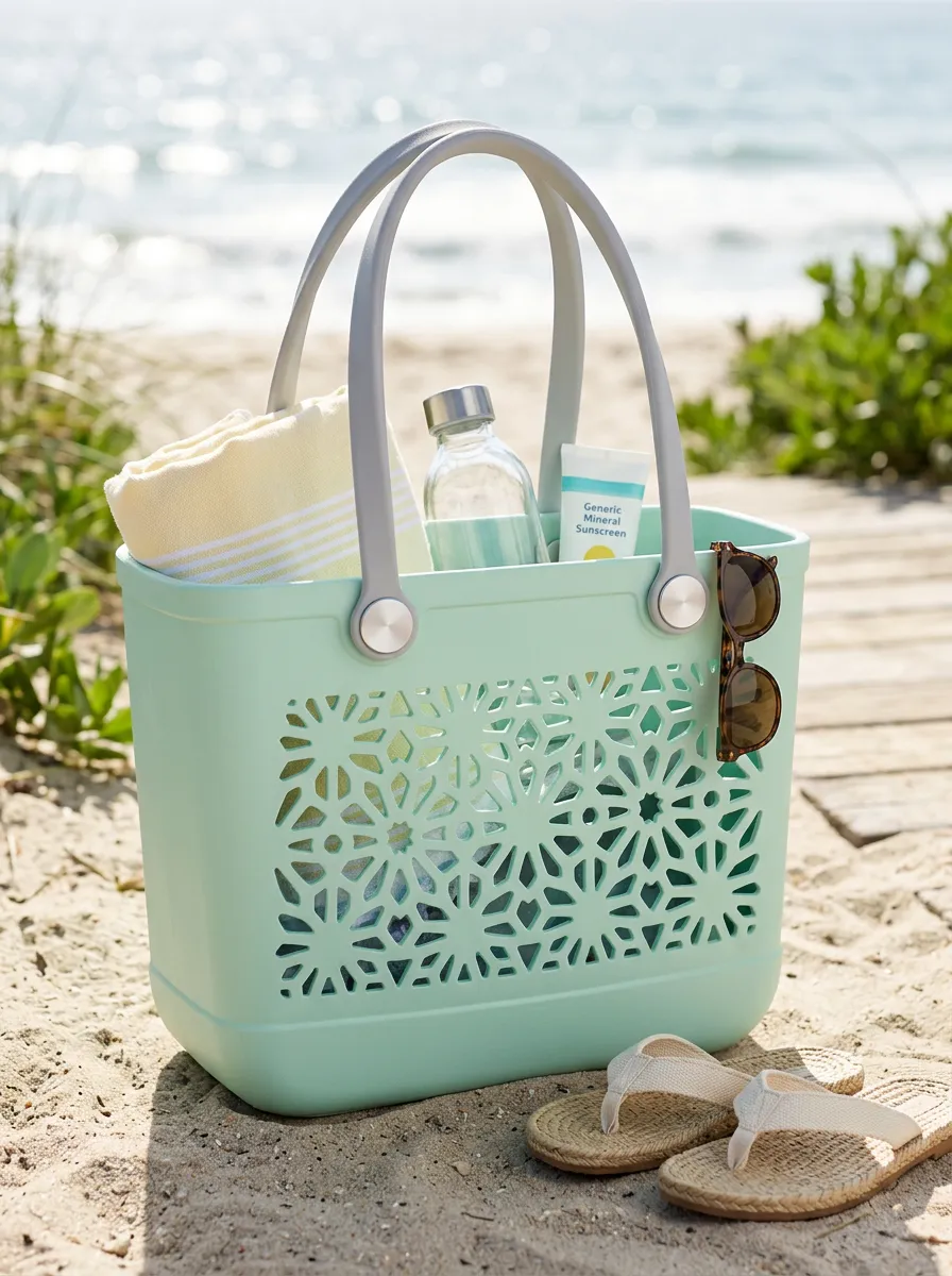Open-Top Structured Geometric Cutout Cutout Beach Tote Bag