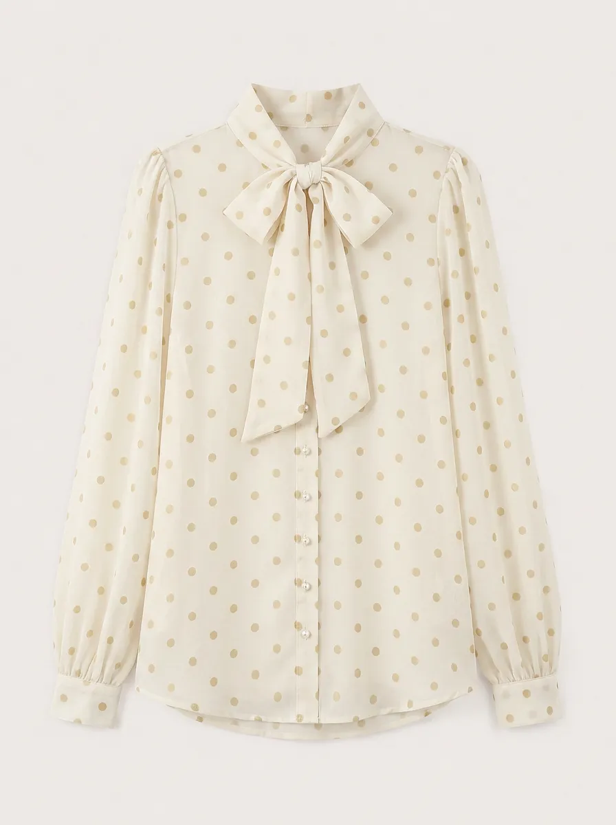 Women's Vintage Polka Dot Bow Tie Printed Blouse with Relaxed Fit