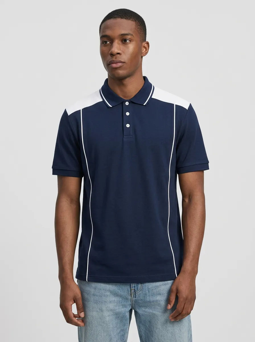 Men's Casual Sporty Navy White Contrast Panel Polo Shirt