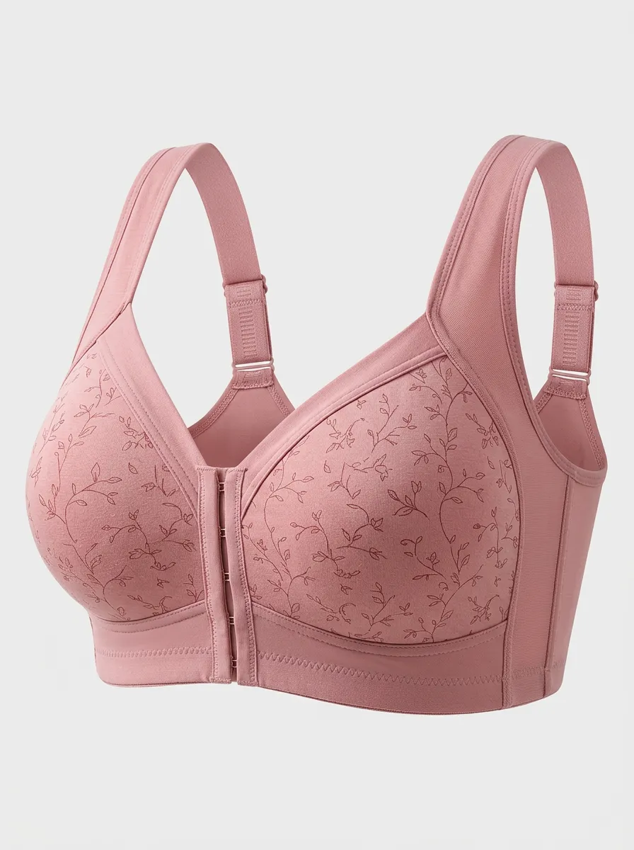 Women's Plus Size Dusty Rose Rose Floral Front-Closure Wide-Strap Wireless Bra