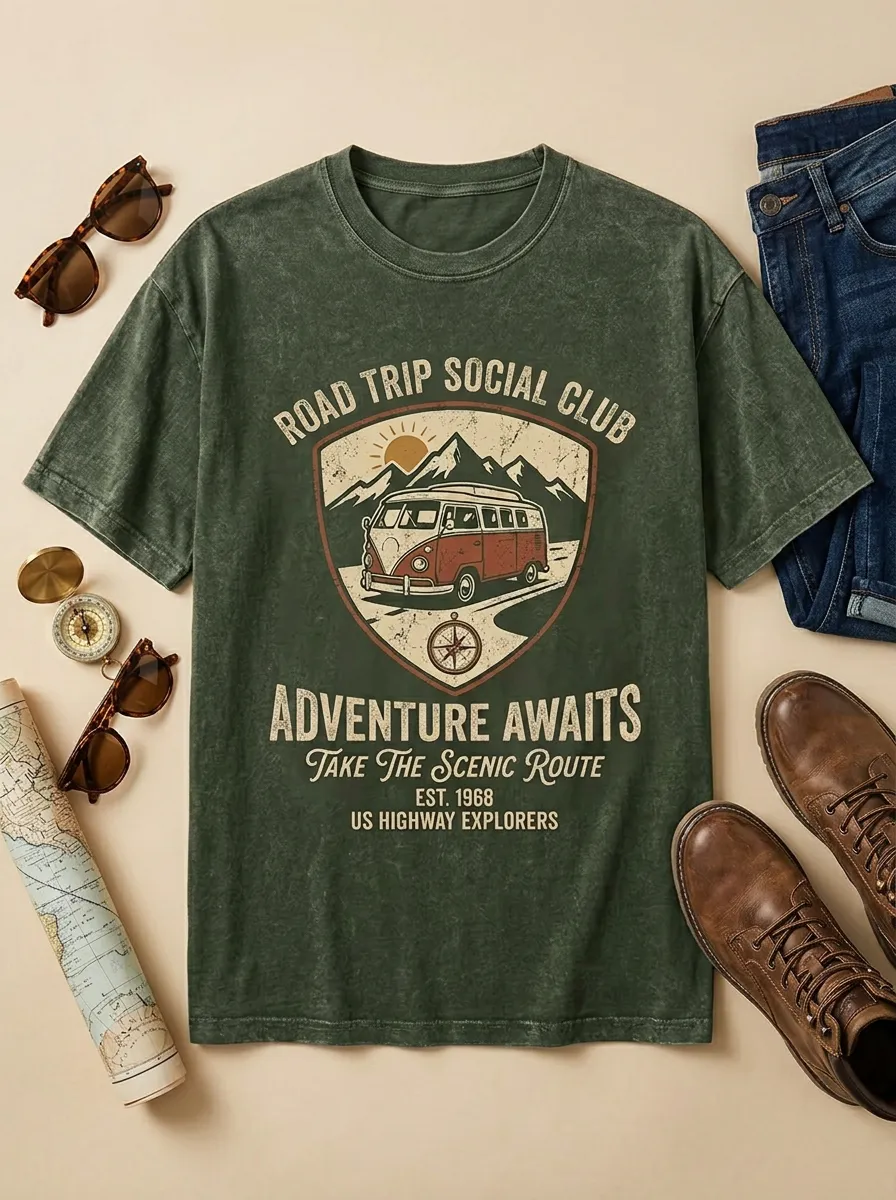 Unisex Road Trip Adventure Vintage Van Printed T-shirt