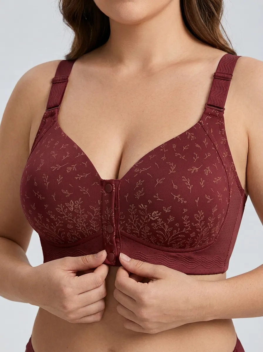 Women's Plus Size Beige Floral Front-Closure Full-Coverage Wireless Bra