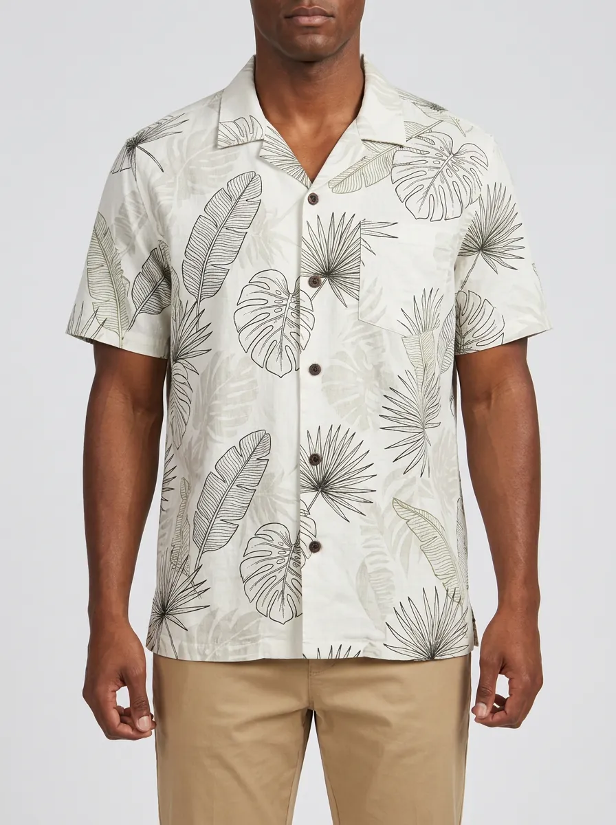 Men's Chest Pocket Tropical Print Camp Collar Shirt