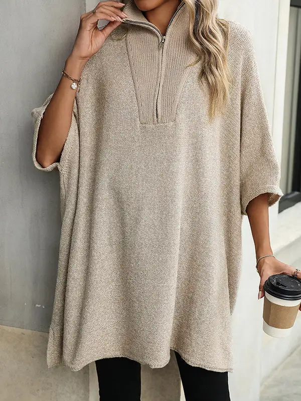 Paneled Zip Detail V-Neck Elbow Sleeve Relaxed Fit Sweater