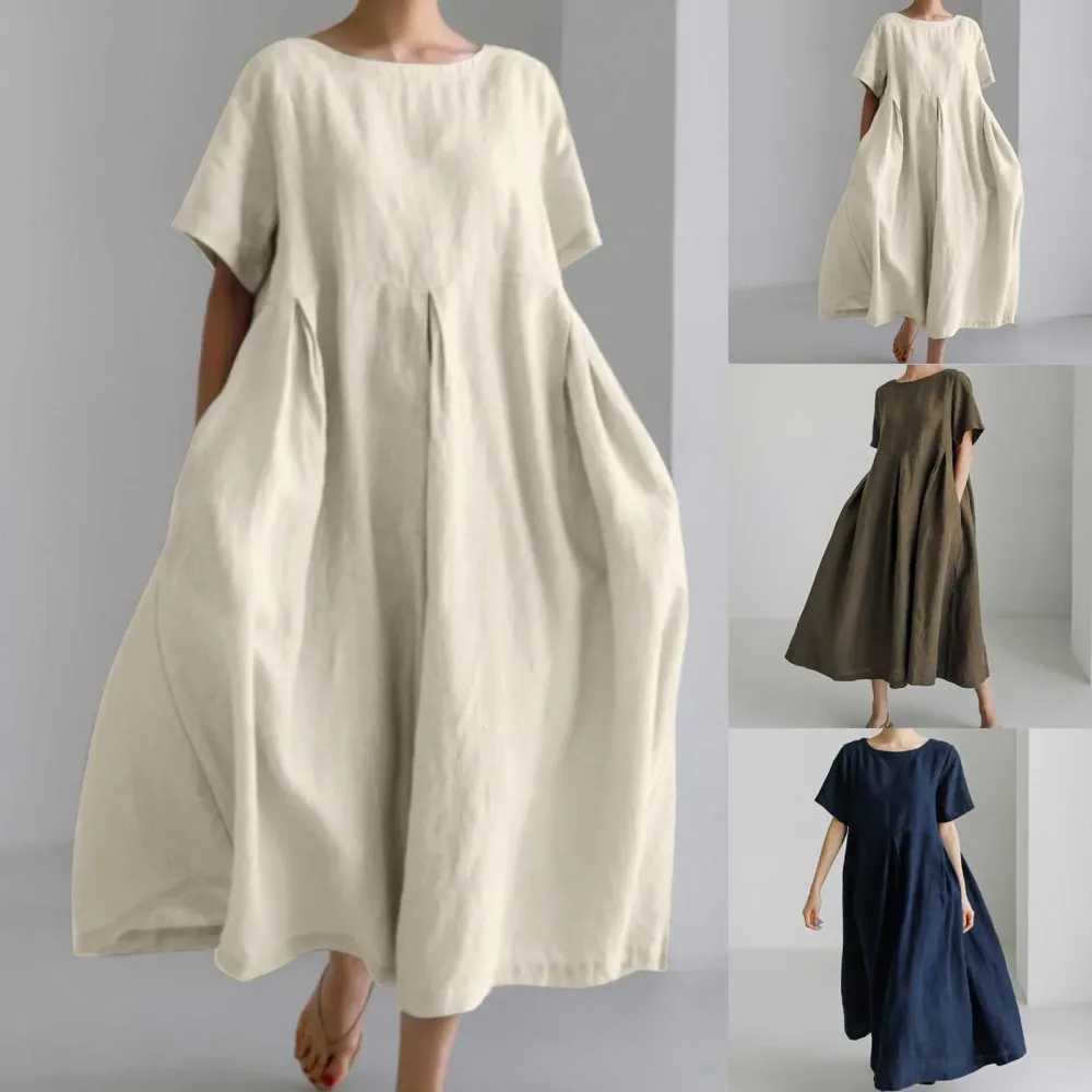 Linen Blend Cotton Blend Maxi Draped Fit Dress