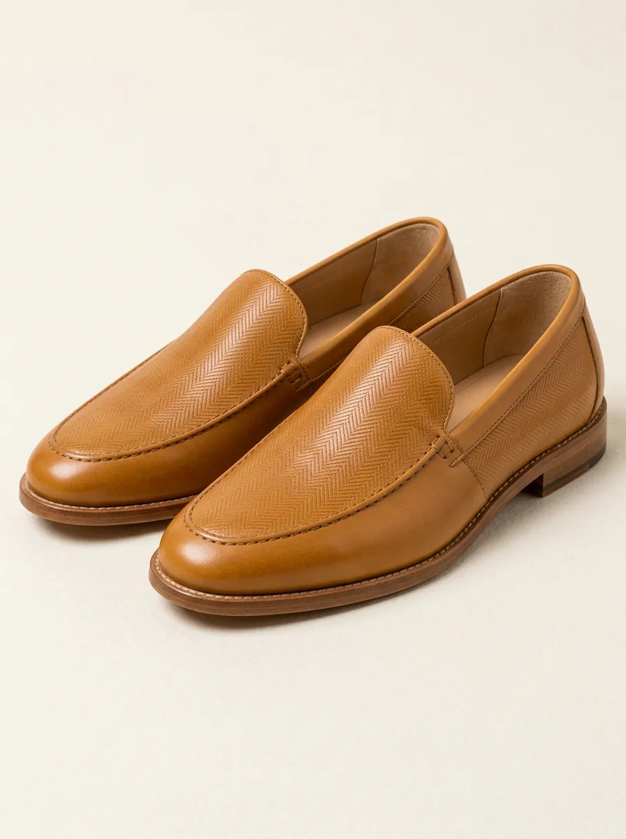 Unisex Tan Herringbone Pattern Loafers