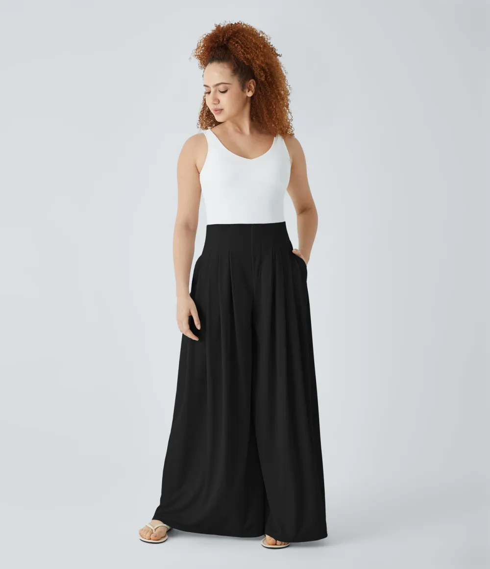 High Waisted Pleated Side Pocket Flowy Wide Leg Palazzo Waffle Casual Pants