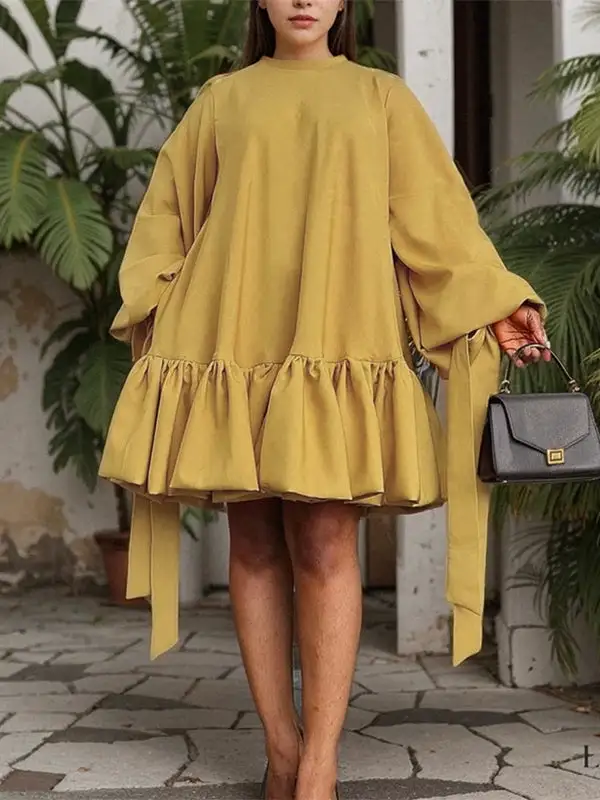 Long Sleeve Relaxed Falbala Solid Color Stand Collar Mini Dress