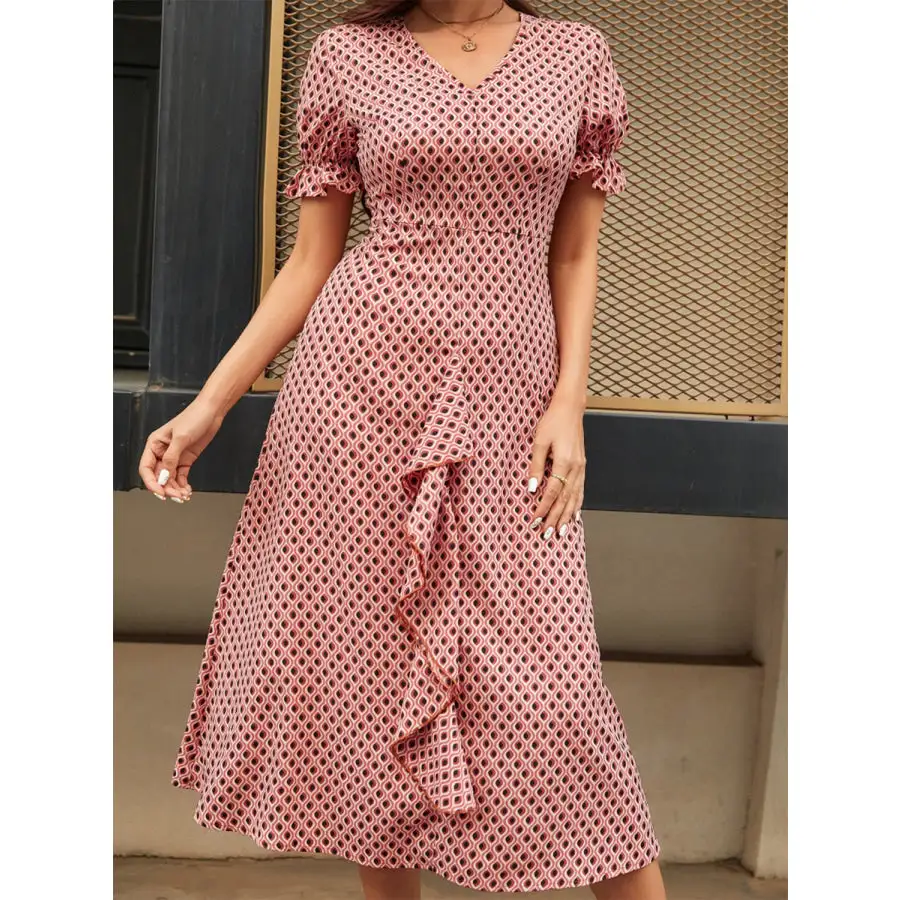 V-Neck Flounce Sleeve Midi Dress