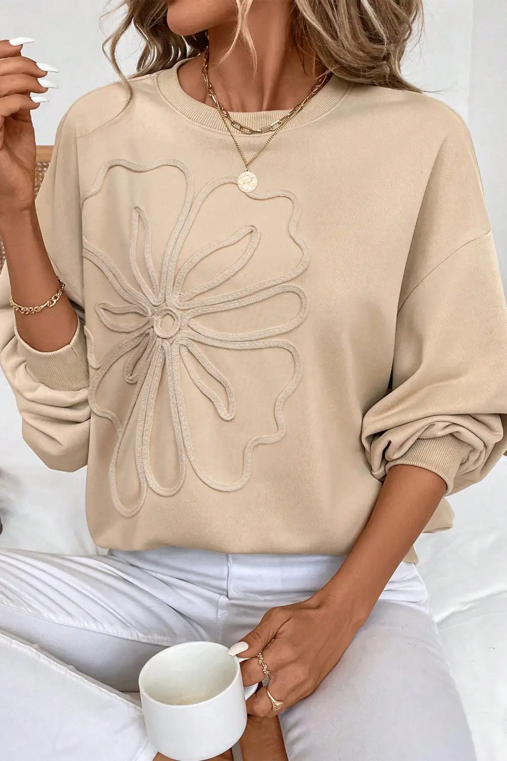 Floral Embroidered Drop Shoulder Sweatshirt