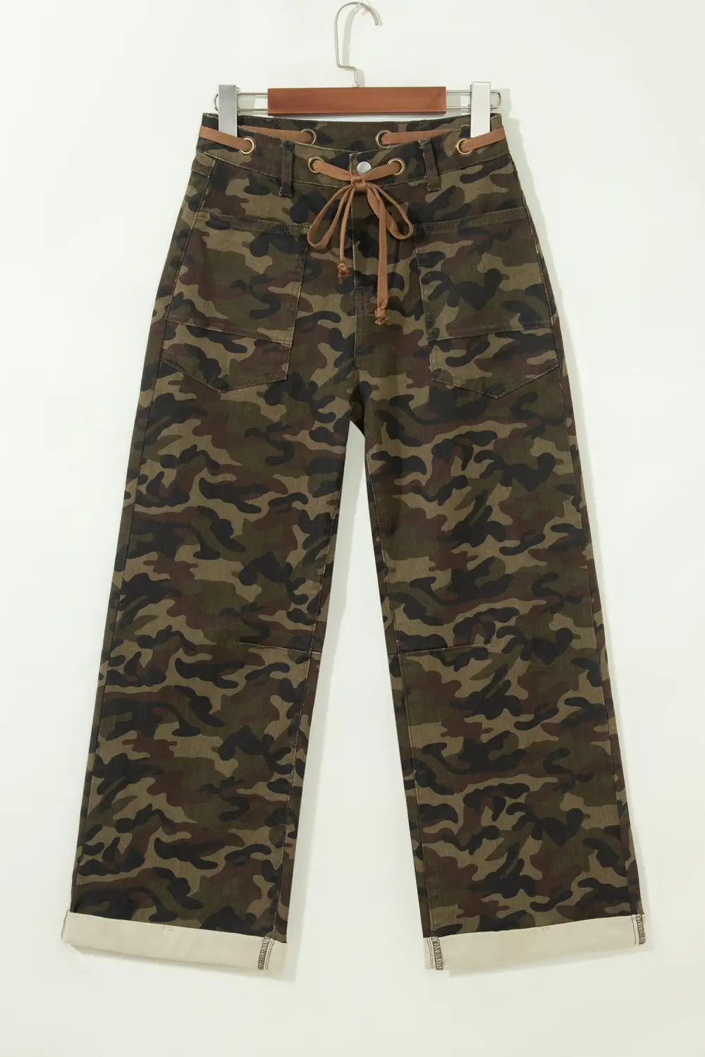 Women's Camouflage Print Retro Grommet Tie Waist Loose Jeans