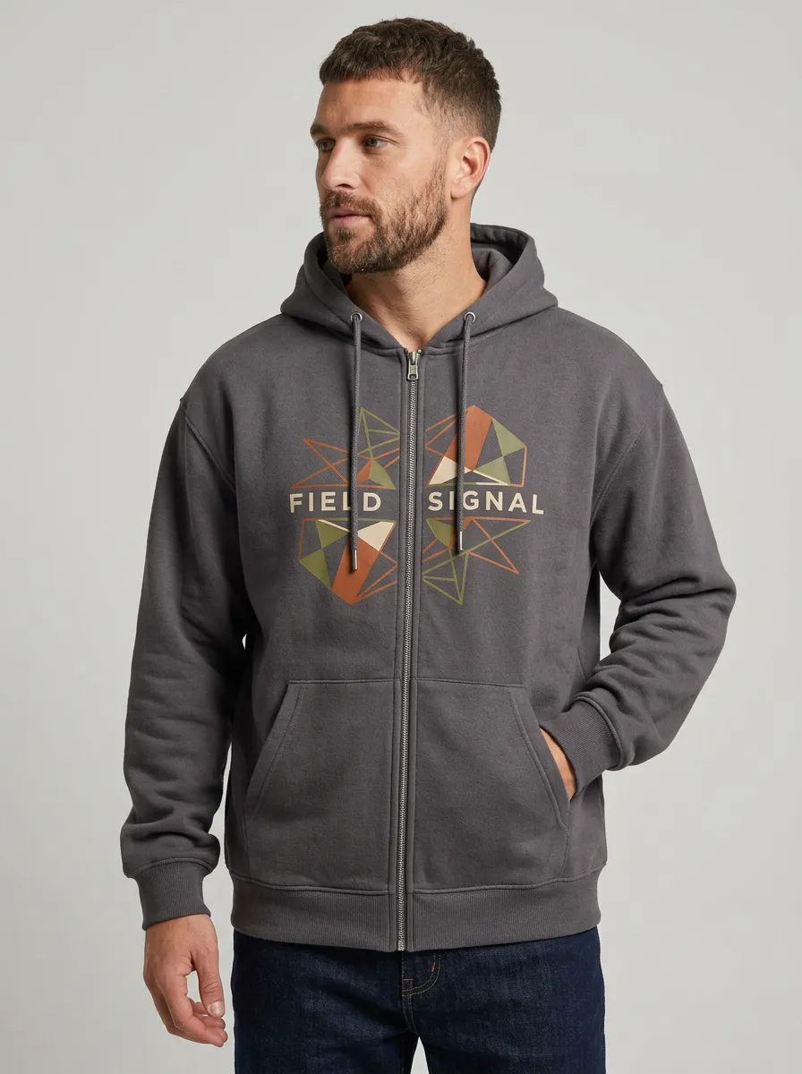 Men's Field Signal Geometric Pattern Printed Zip-up Hoodie