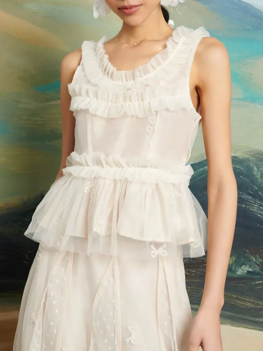Casual Crew Neck Tulle Ruffle Top
