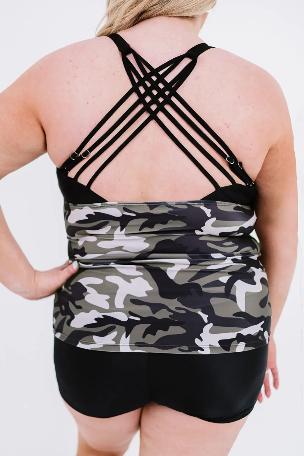 Swimwear Camouflage Print Back Criss Cross Tankini Set