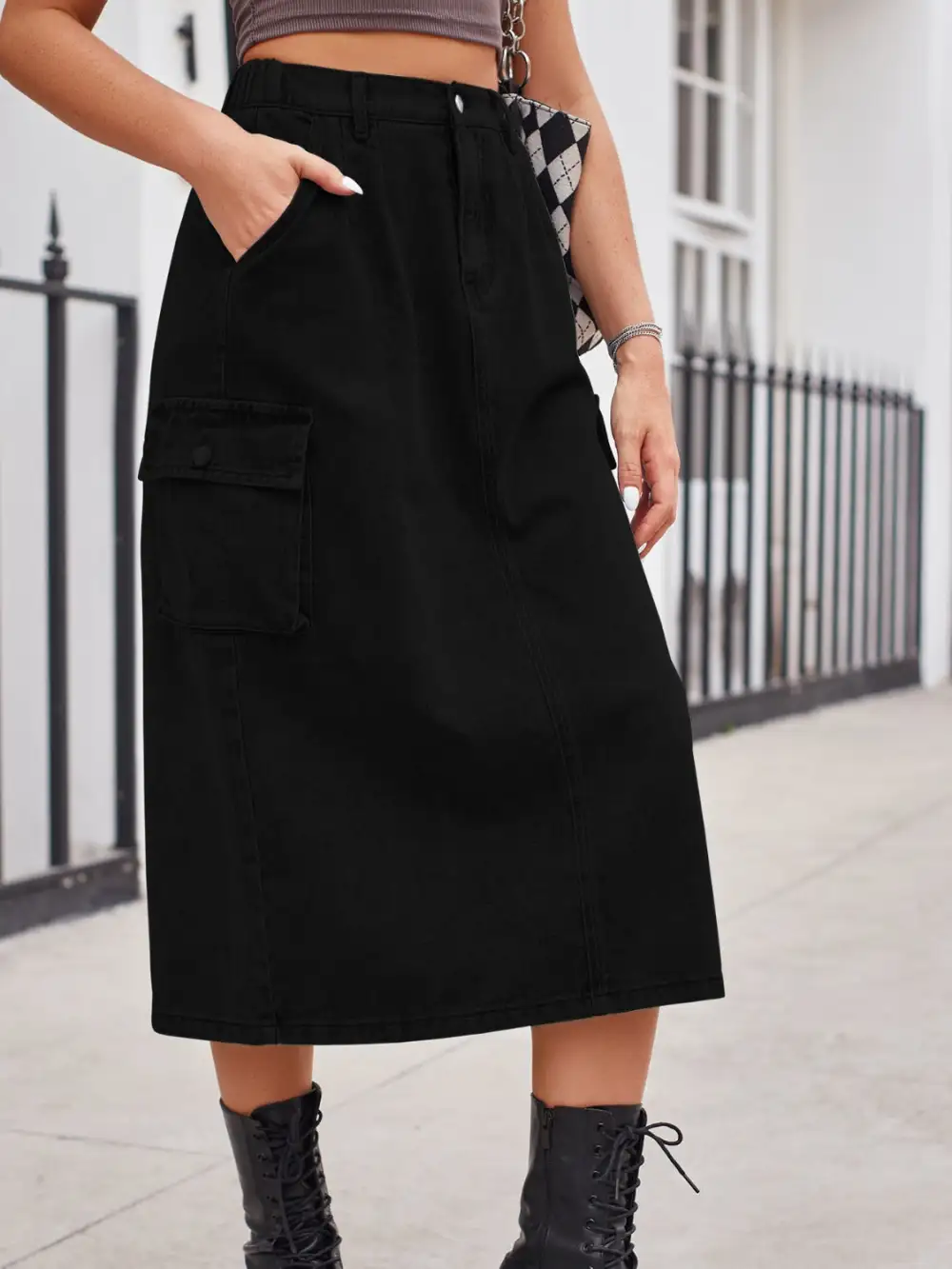 Simple Button Front Denim Detail Skirt