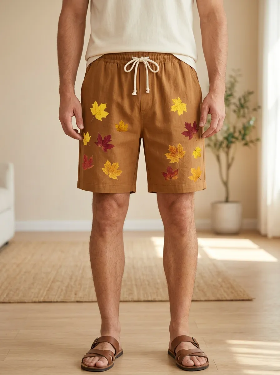 Tan Maple Leaf Print Drawstring Nature Shorts