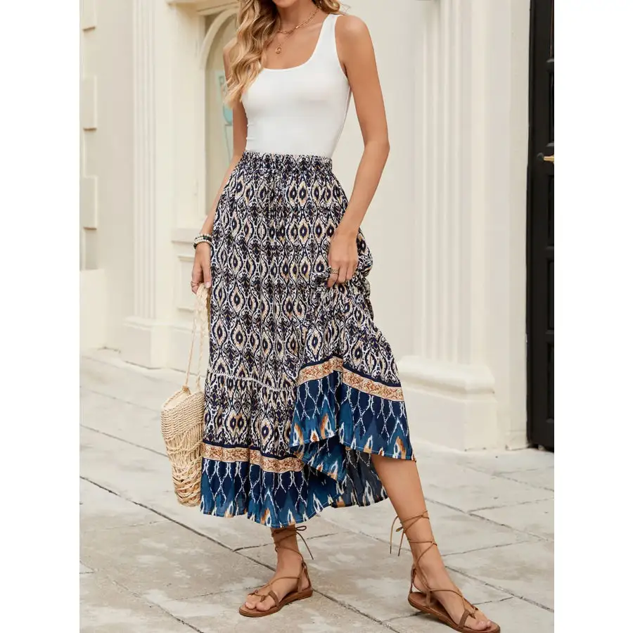 Bohemian Printed Ruched Maxi Skirt