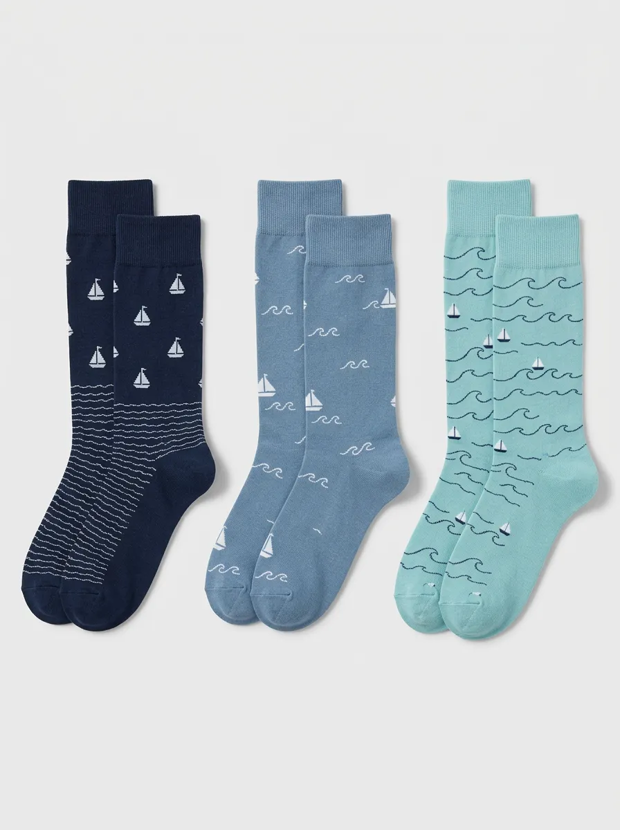 Men's Three-Pair Sailboat Wave Graphic Crew Sock Set