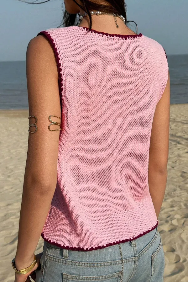 Contrast Trim Button Front Sweater Vest