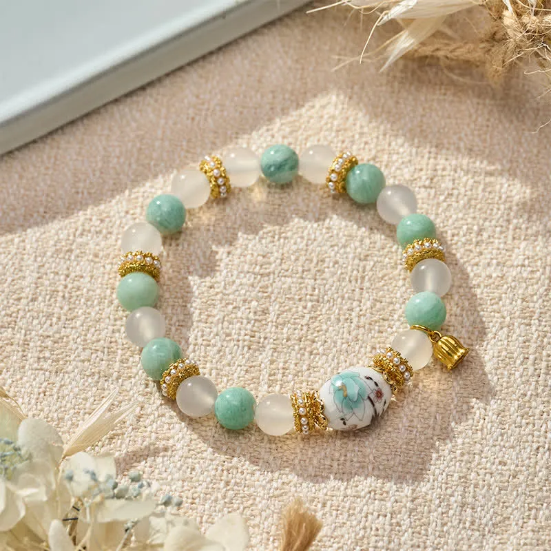 Agate Amazonite Ceramic Barrel Bead Flower Round Bracelet