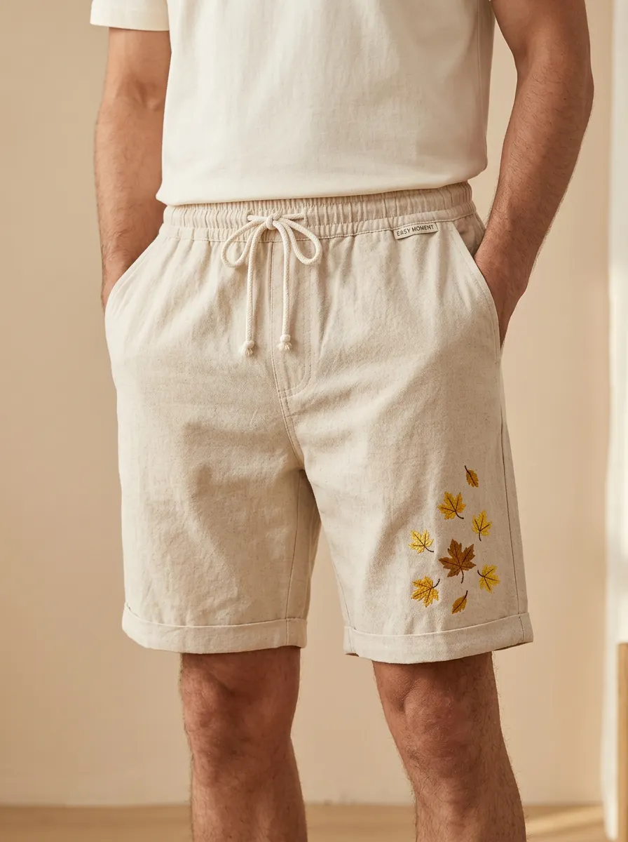 Embroidered Leaf Detail Drawstring Textured Shorts