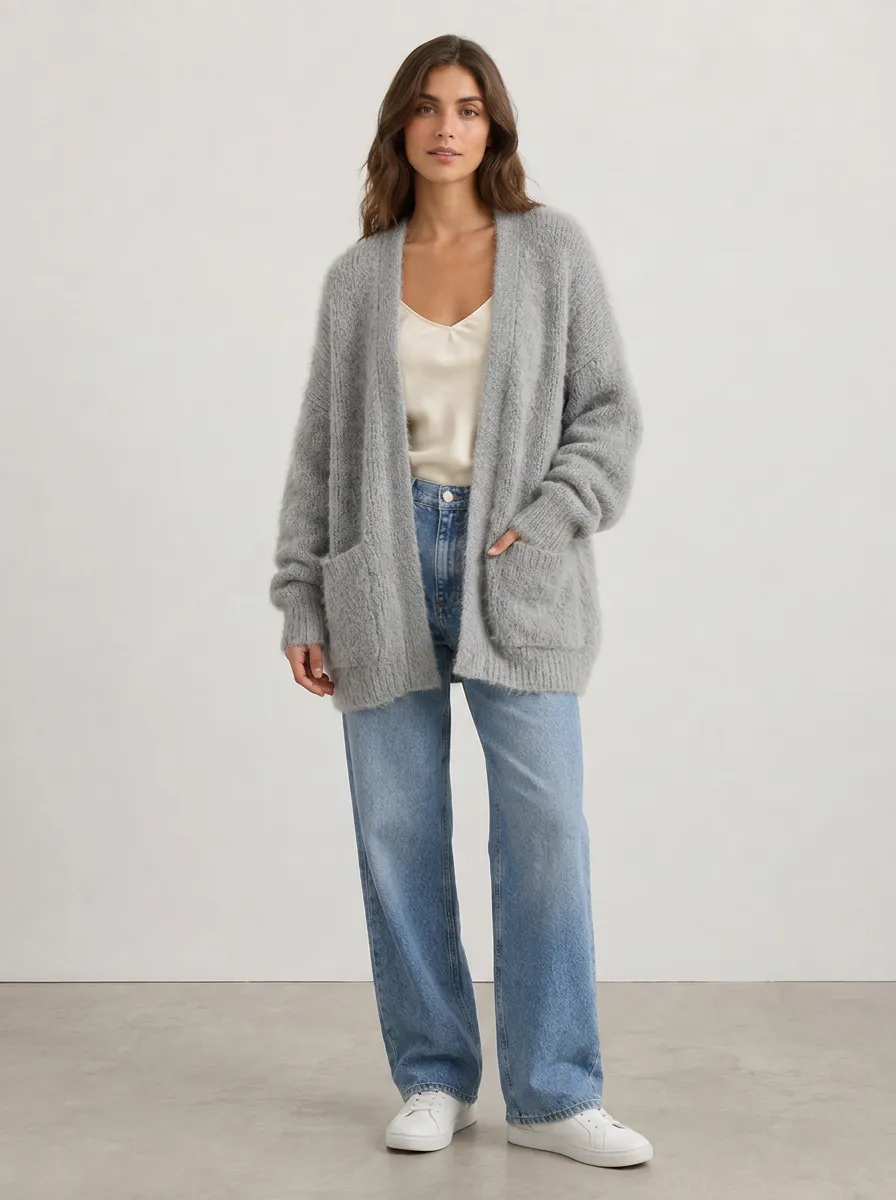 Women's Casual Grey Fuzzy Open Front Knit Cardigan