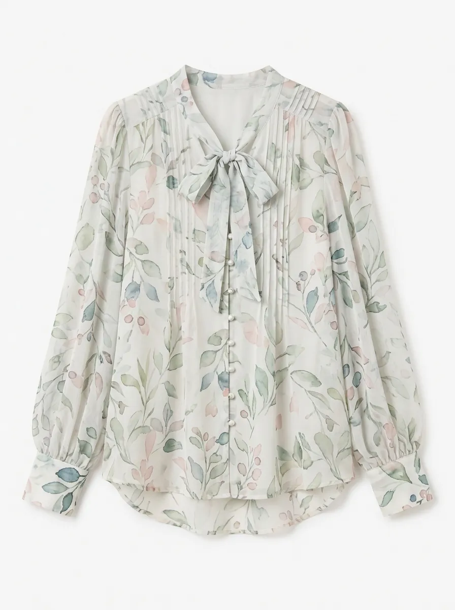 Women's Floral Watercolor Botanical Printed Tie-Neck Blouse