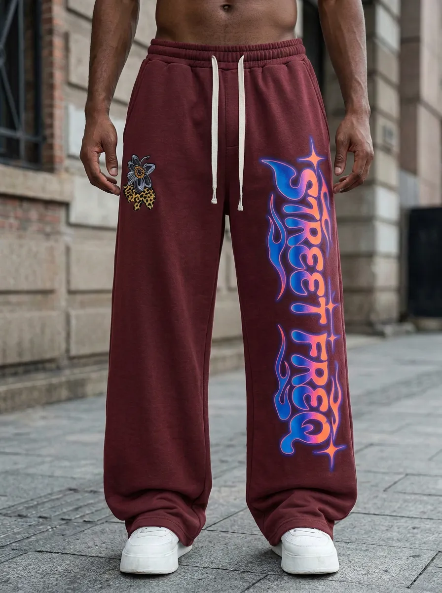 Men's Streetwear Flame Letter Flower Printed Sweatpants