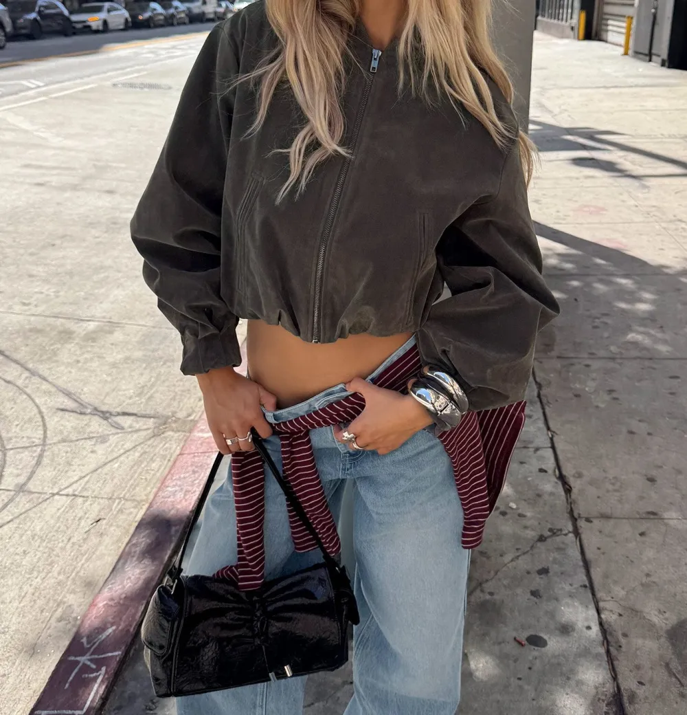 Charcoal Faux Suede Bomber Jacket