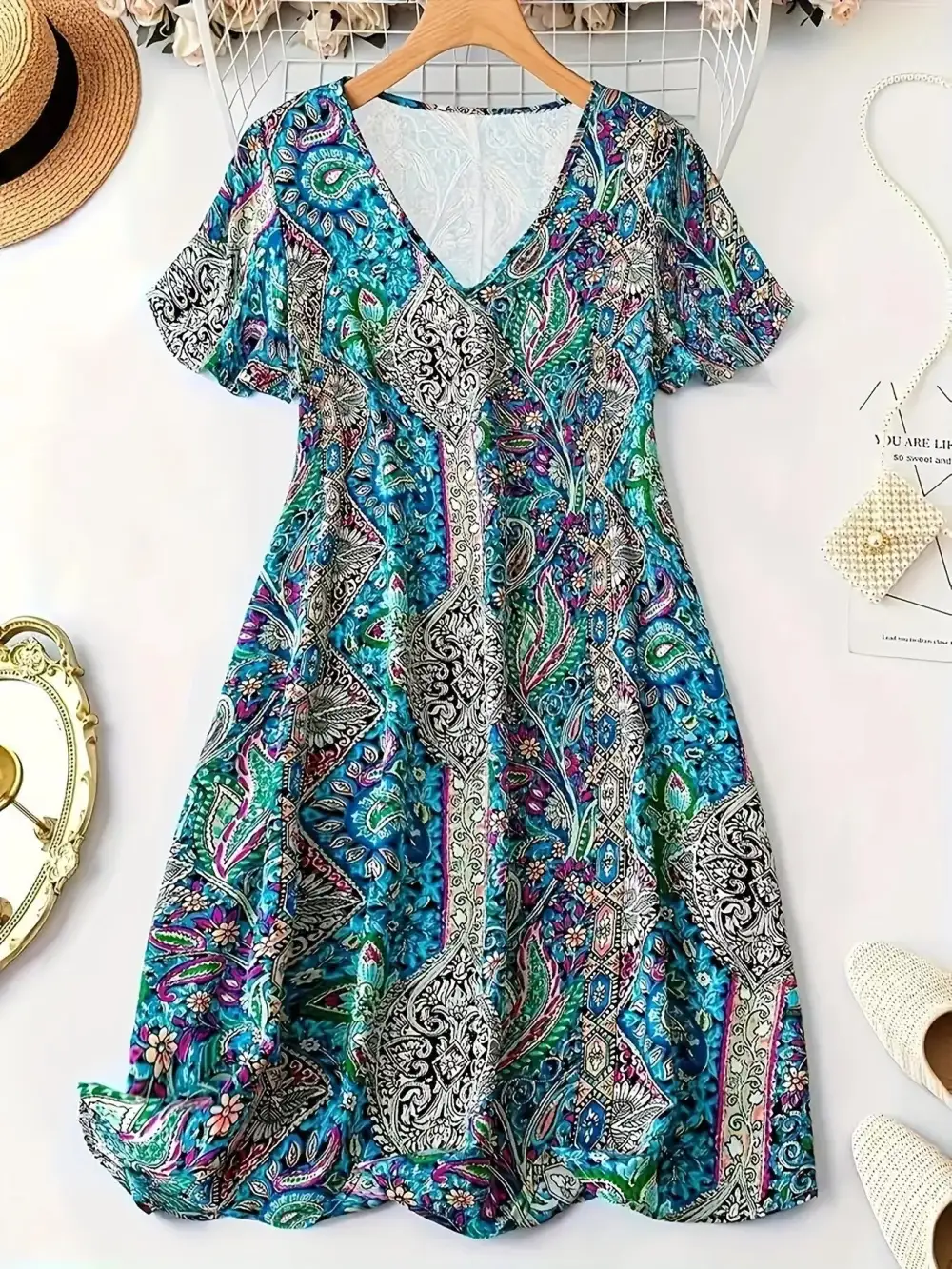 Paisley Print V Neck Short Sleeve Dress Casual