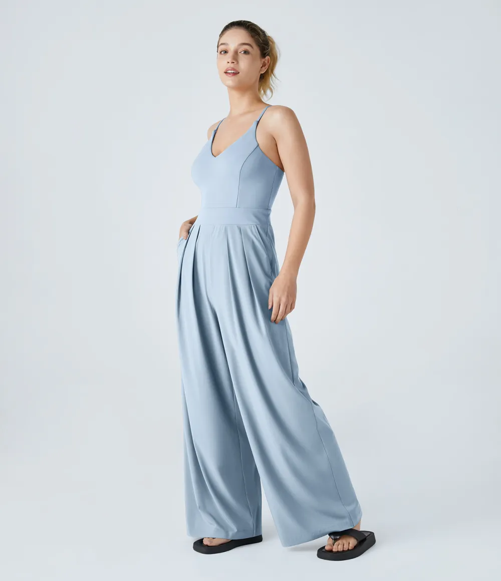 Breezeful Backless Side Invisible Zipper Pocket Wide Leg Quick Dry Resort Slip Jumpsuit