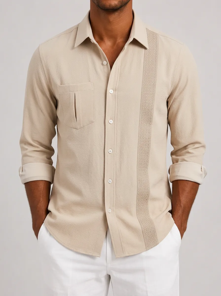 Men's Casual Beach Style Embroidered Panel Button Down Shirt