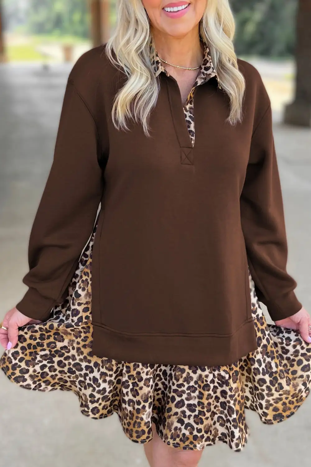 Women's Leopard Print Long Sleeve Patchwork Mini Dress