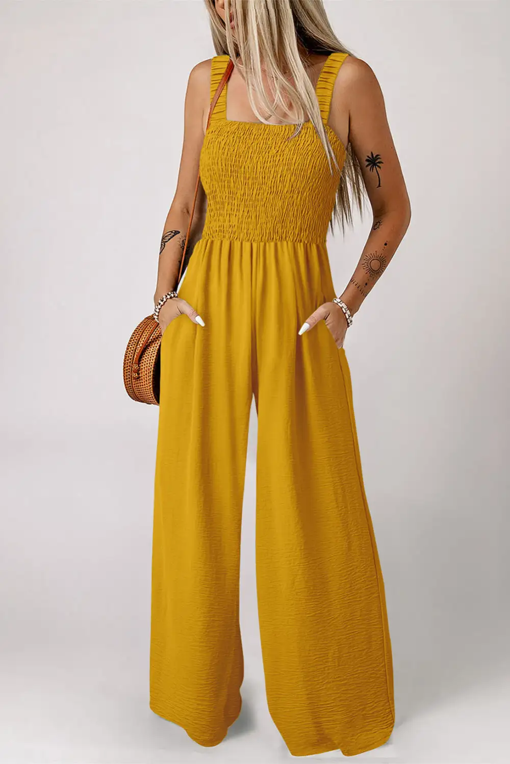 Ginger Smocked Sleeveless Wide Leg Pockets Jumpsuit