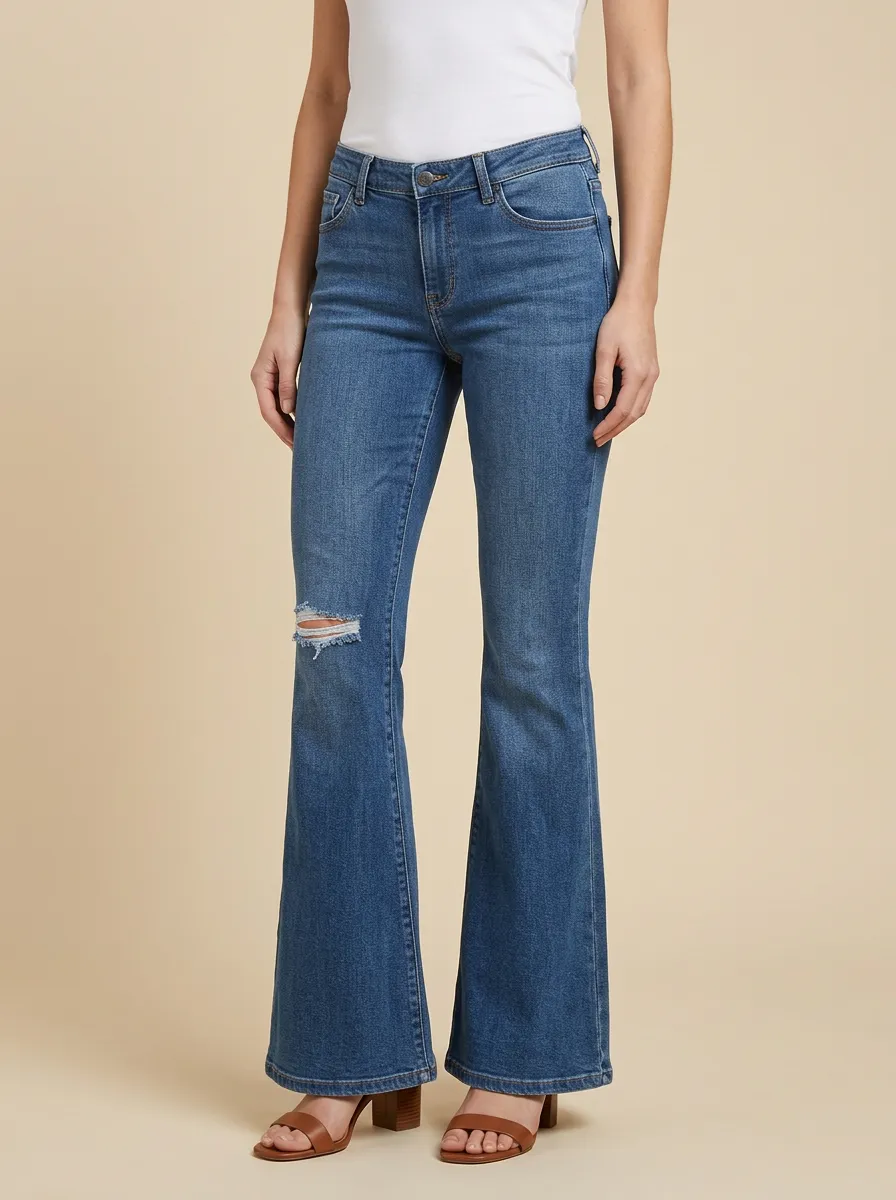 Women's Mid-Rise Right-Knee Reinforced-Rivet Distressed Flare Jeans