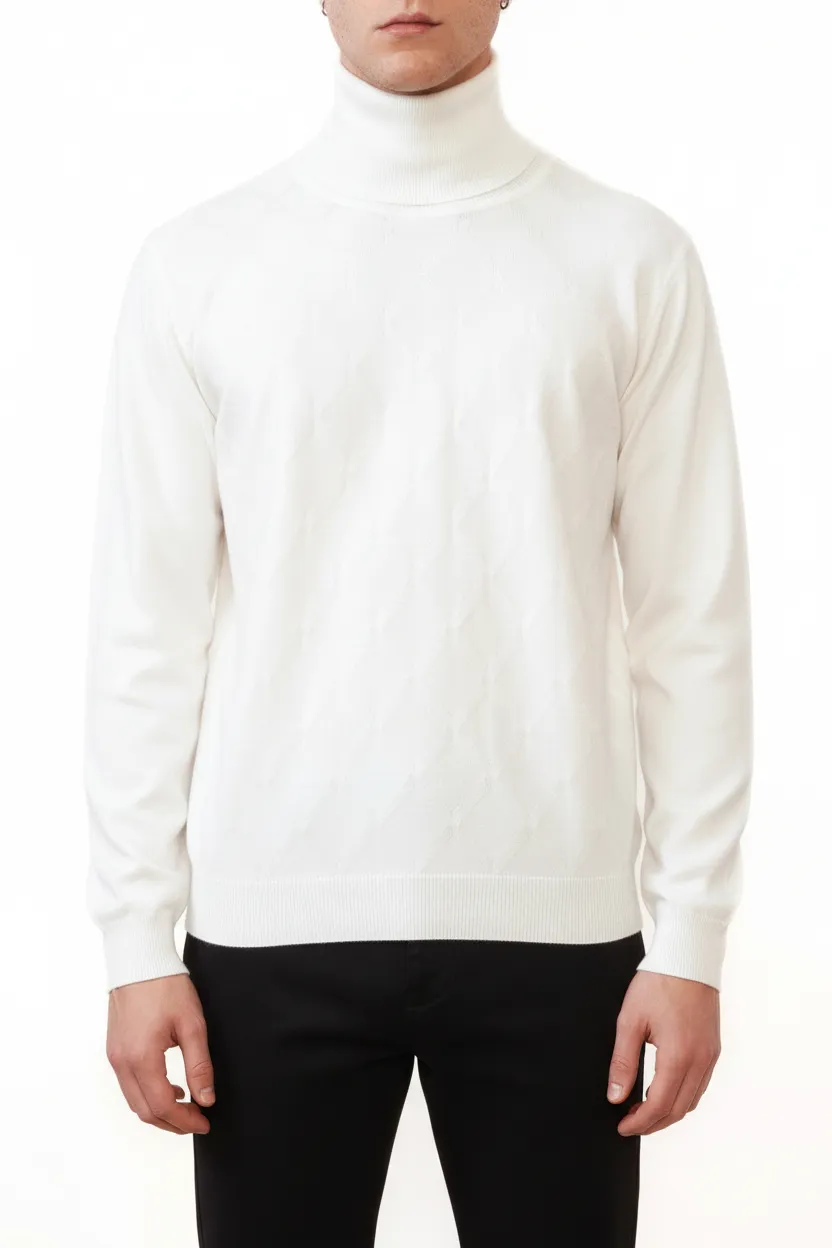 Classic Diamond Pattern Regular Fit Viscose Turtleneck Sweater