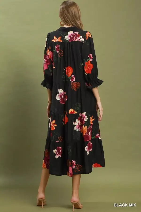 Tiered Midi Dress with Puff Sleeves