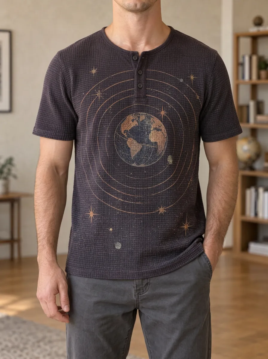 Men's Space Astronomy Earth Orbit Printed Henley T-shirt