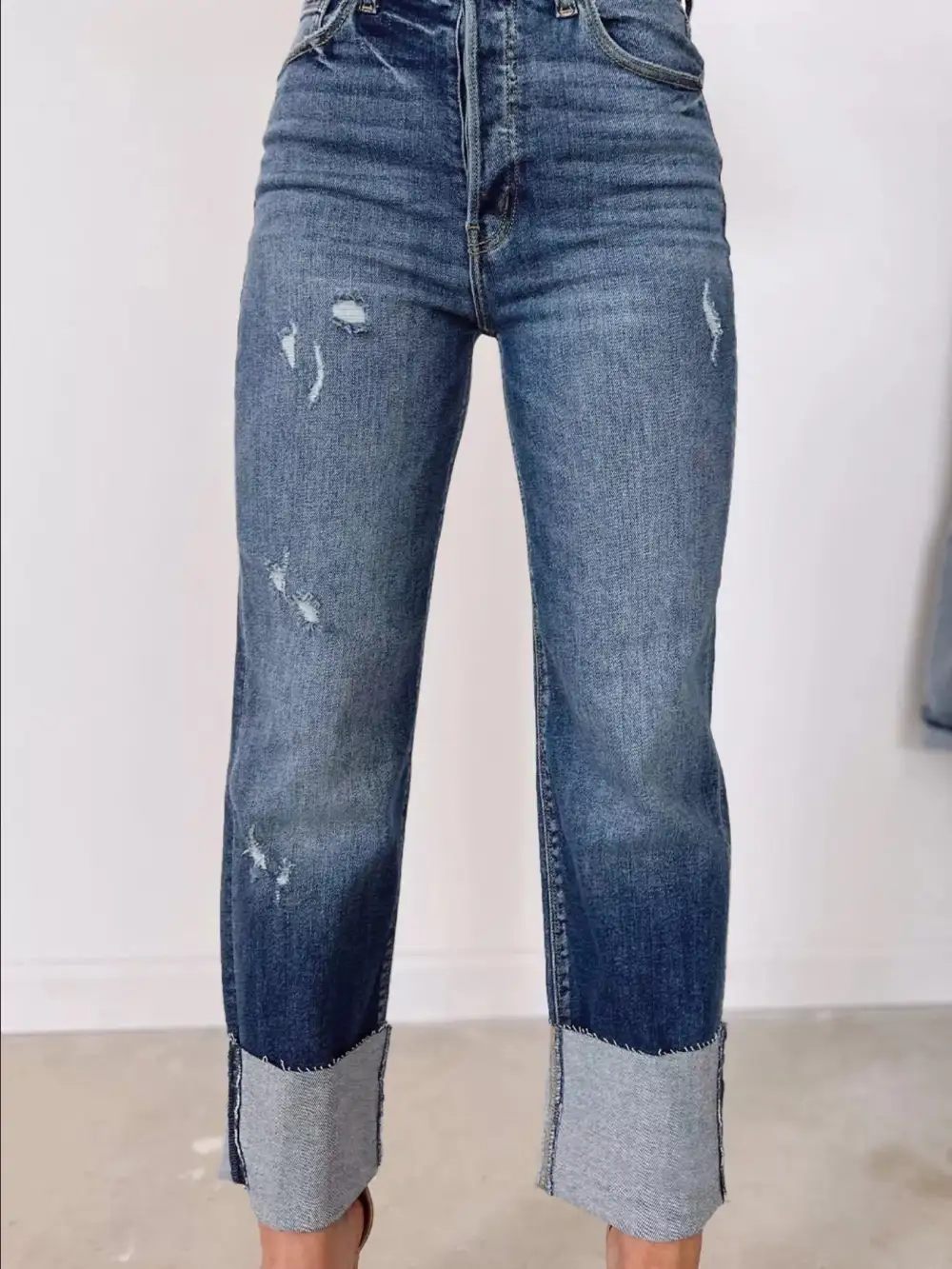 High-Waist Distressed Washed Stretch Straight Leg Jeans