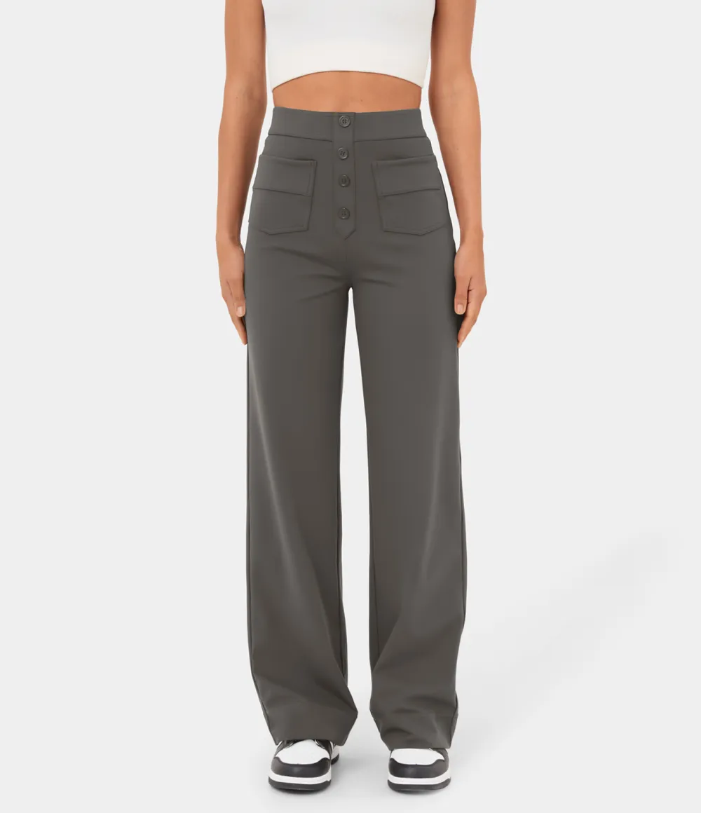 High Waisted Button Multiple Pockets Straight Leg Casual Pants