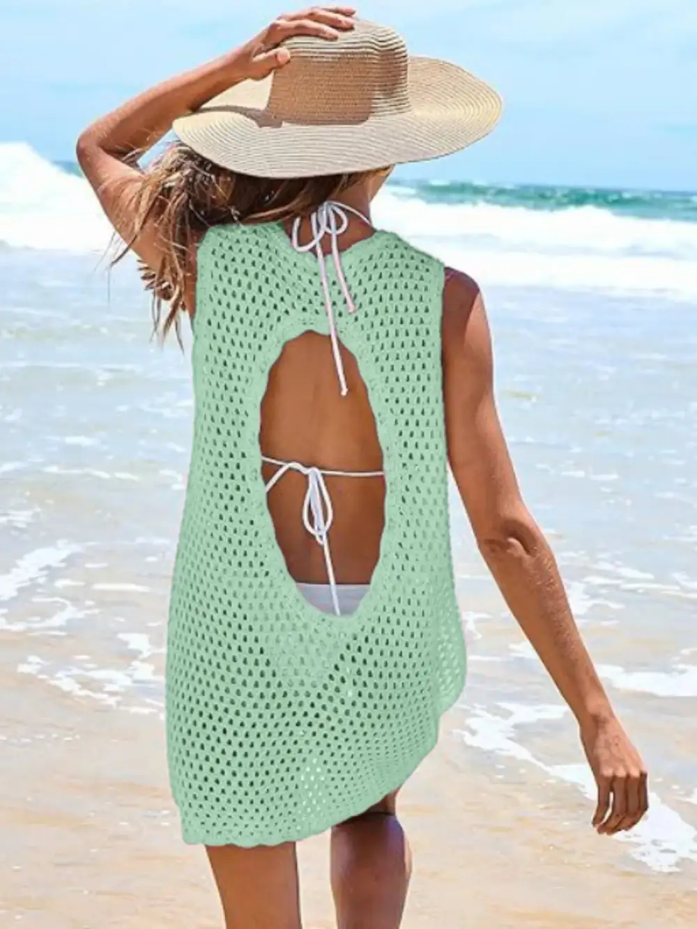 Blocked Pattern Openwork Sleeveless Panel Detail Swim Cover Up